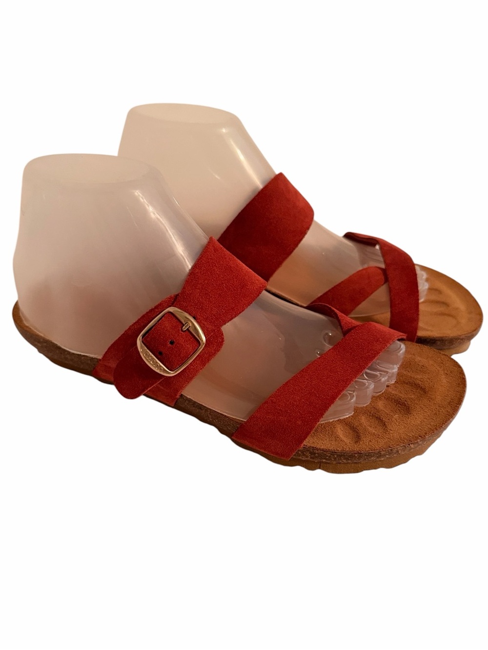Yokono "Ibiza" Red-Orange Suede Double Strap Buckle Sandals 8 NEW